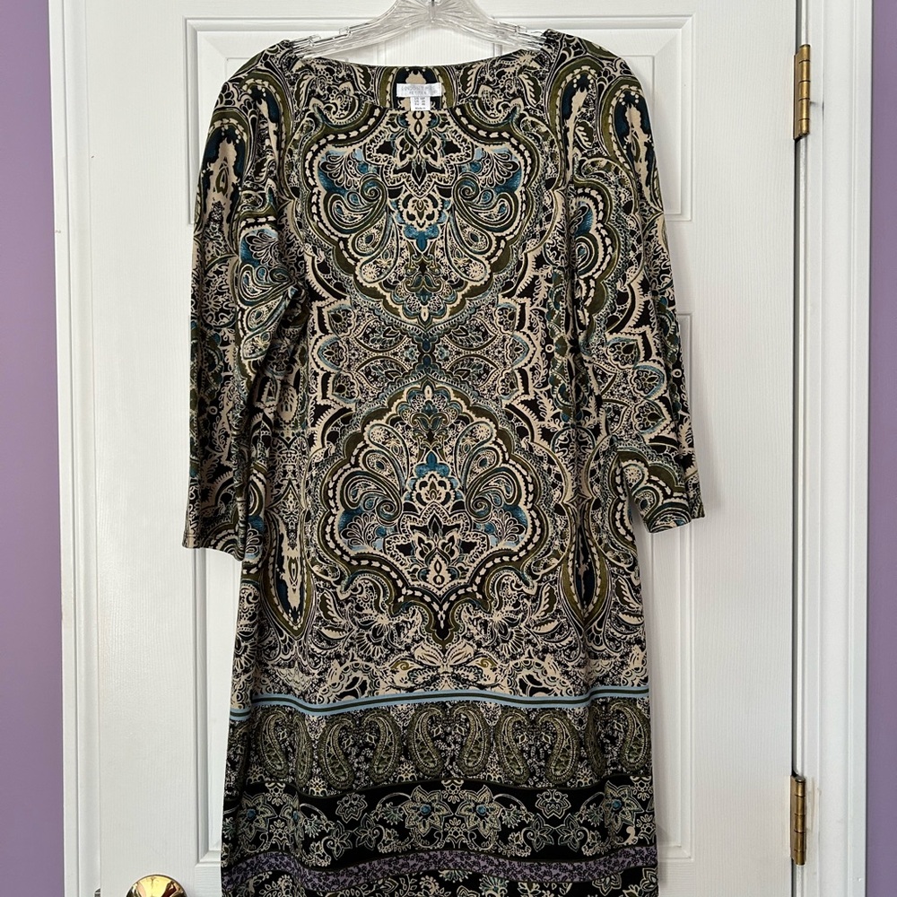 London Times Green and Blue Long Sleeve Sheath Dress